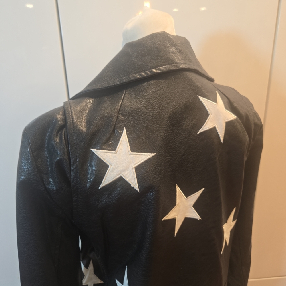 Olivaceous Black Leather Jacket with White Stars - Picture 8 of 13